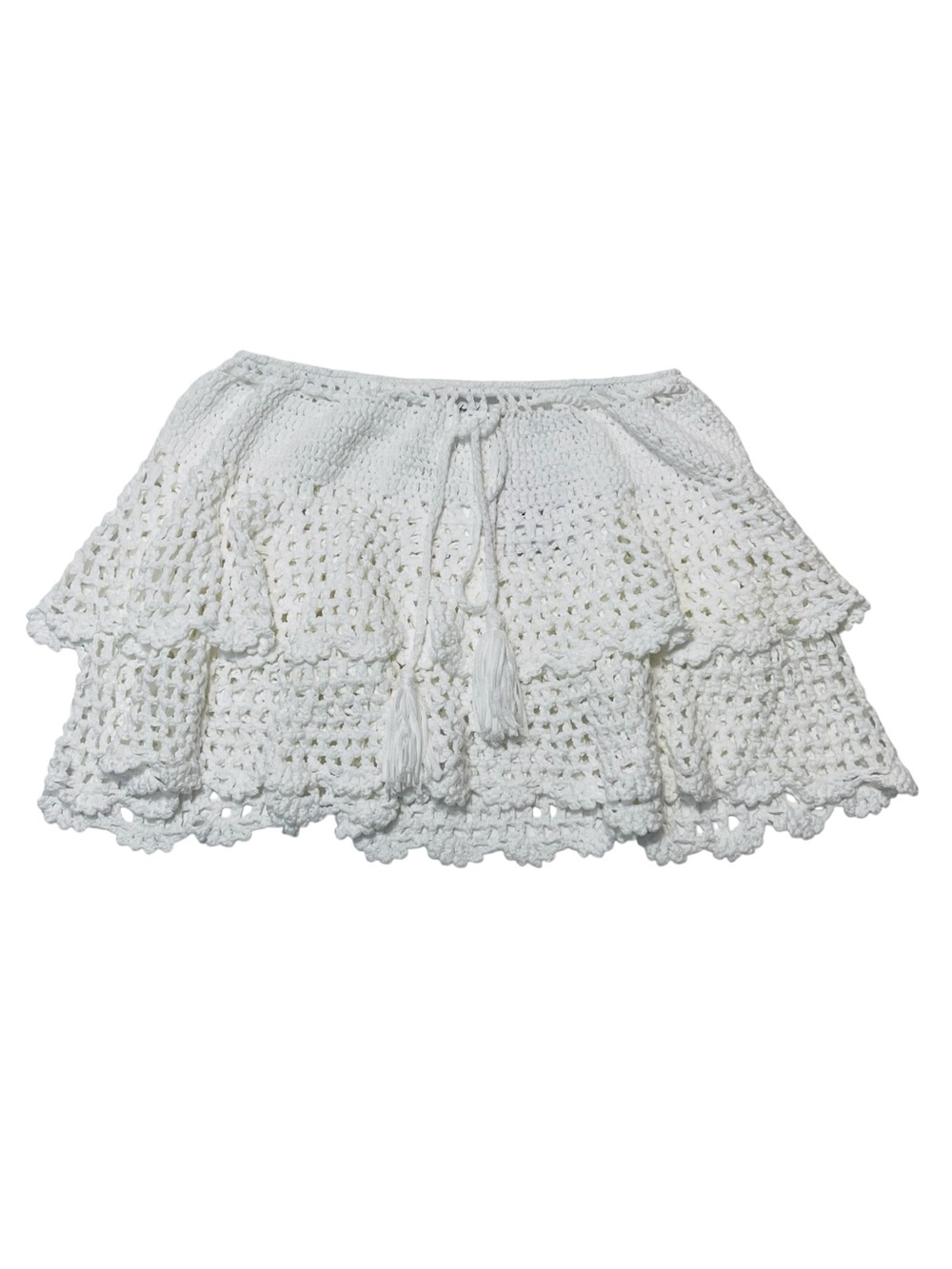 Subdued Crochet Tiered Mini Skirt white size S Tassel Waist